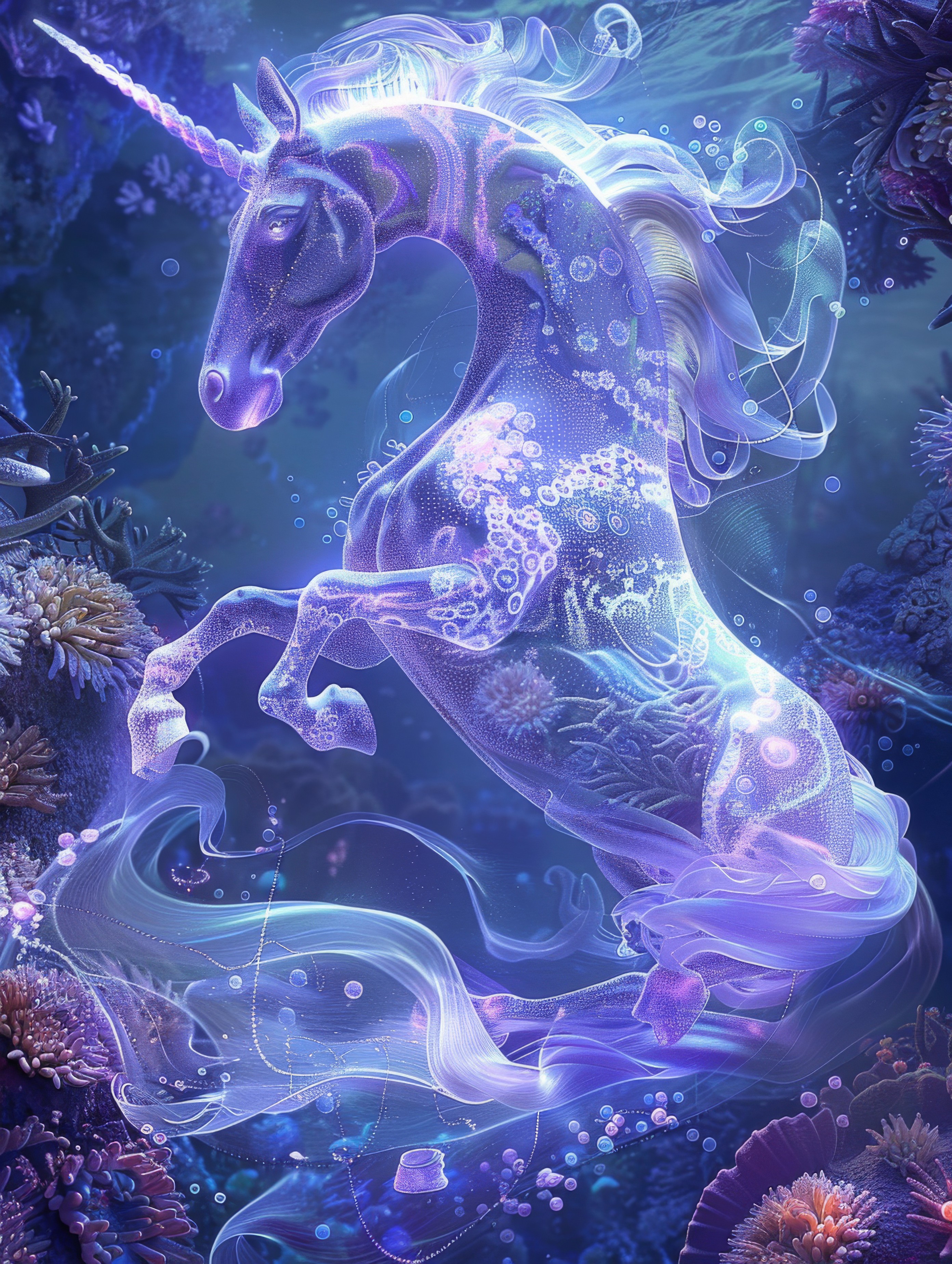 Mystical seahorse-unicorn in neon lighting